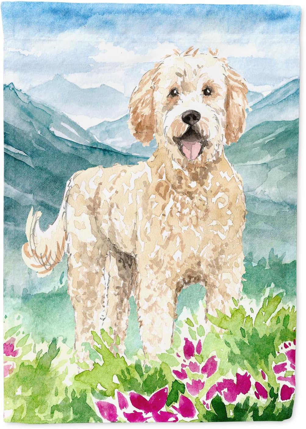 Bandera jardín Goldendoodle flores montaña multicolor