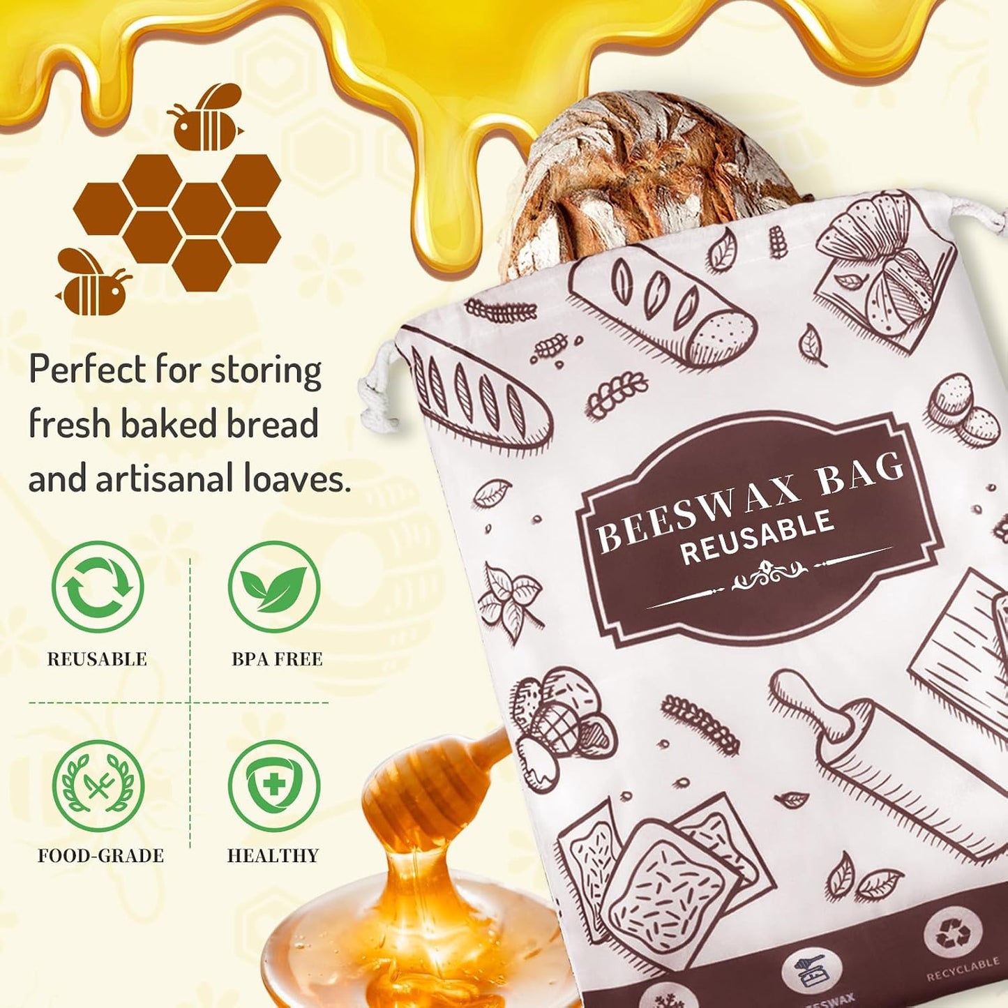 2 Pzas Bolsas Pan Cera Abejas Reutiliz. para Baguette