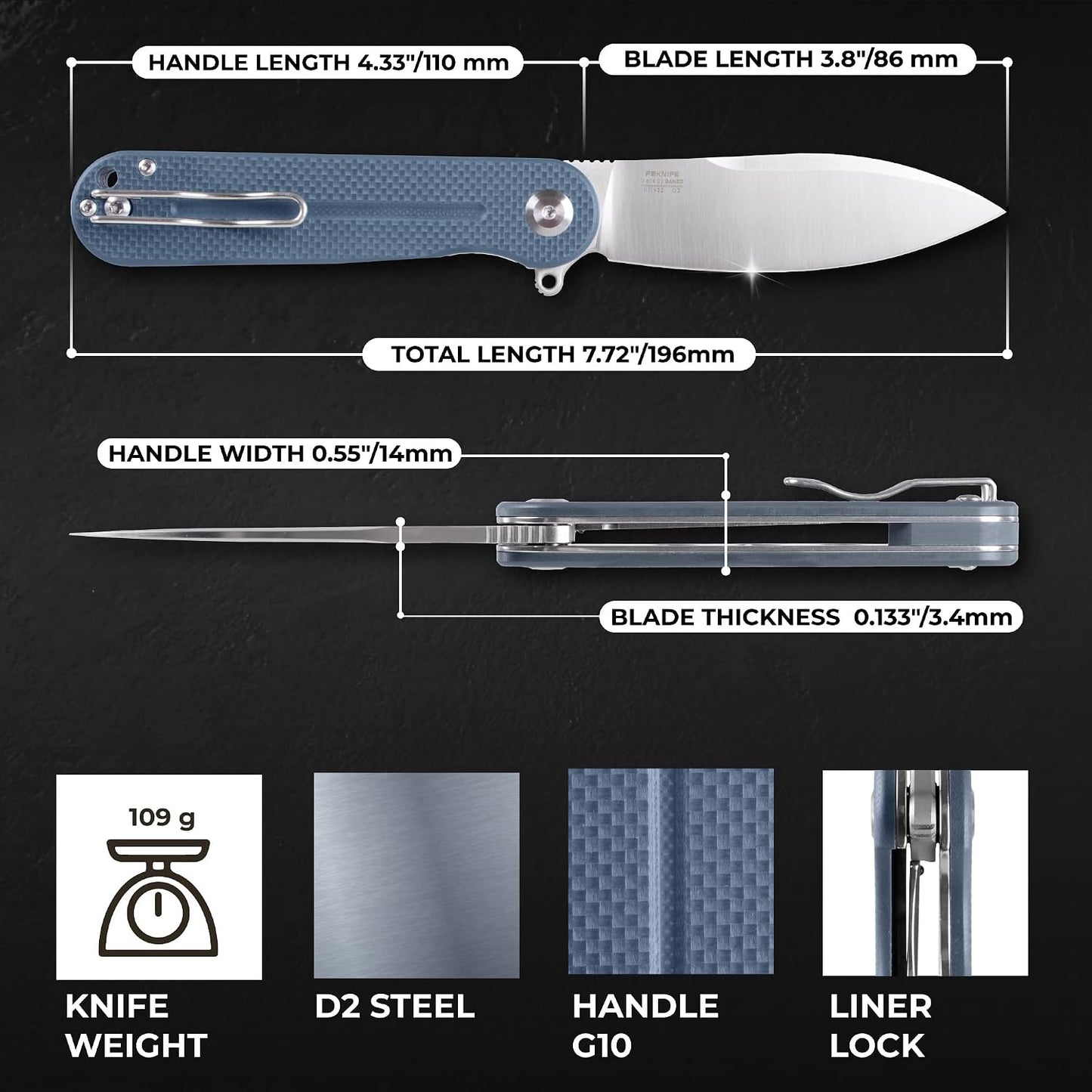 Cuchillo plegable camping con rodamientos D2 acero mango G10