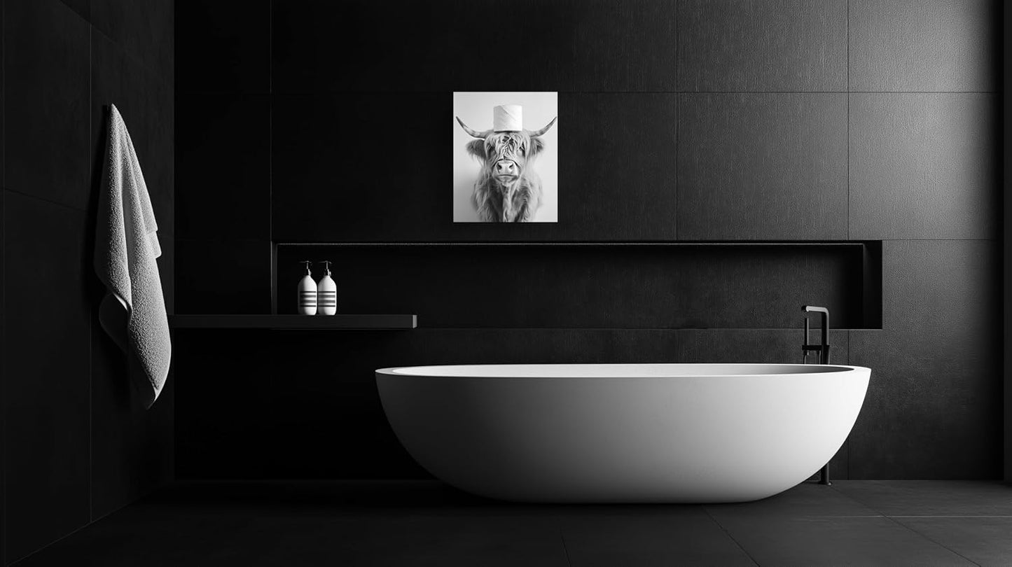 Arte de pared vaca altas tierras baño blanco y negro