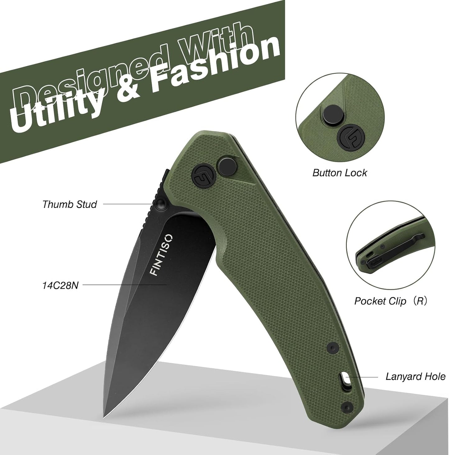 Cuchillo plegable 3pulg acero G10 mango pequeño EDC con clip