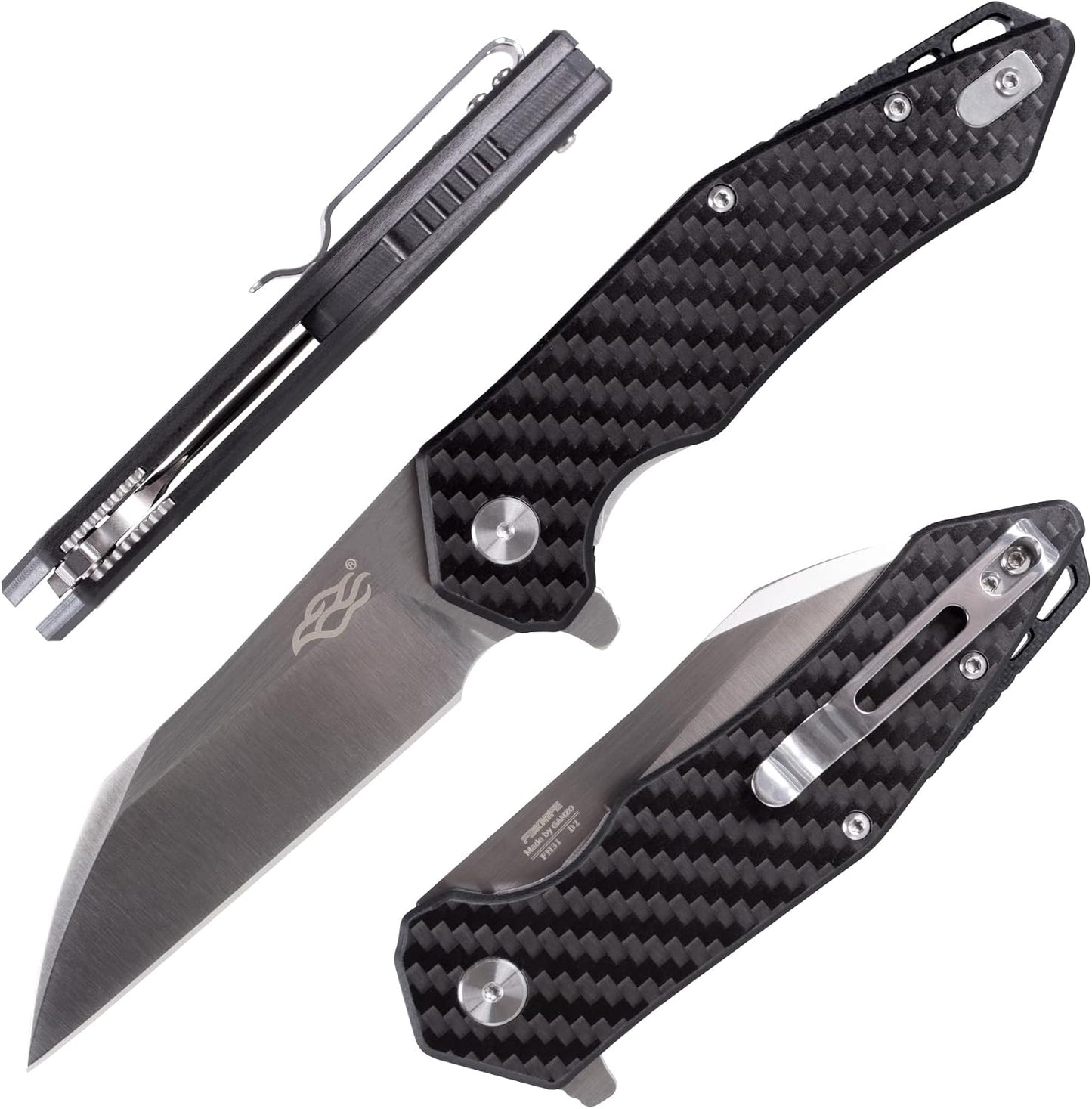 Cuchillo plegable D2 acero fibra carbono clip camping