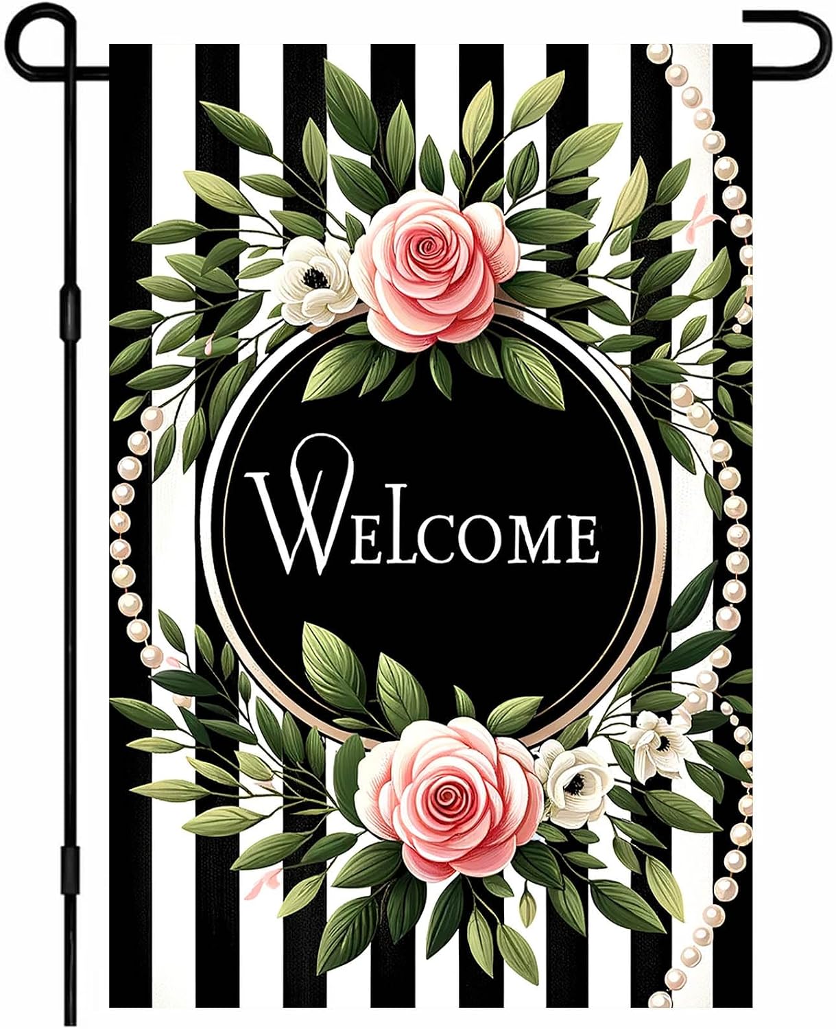 Bandera jardín diseño floral 12x18pulg doble cara con rosas y rayas