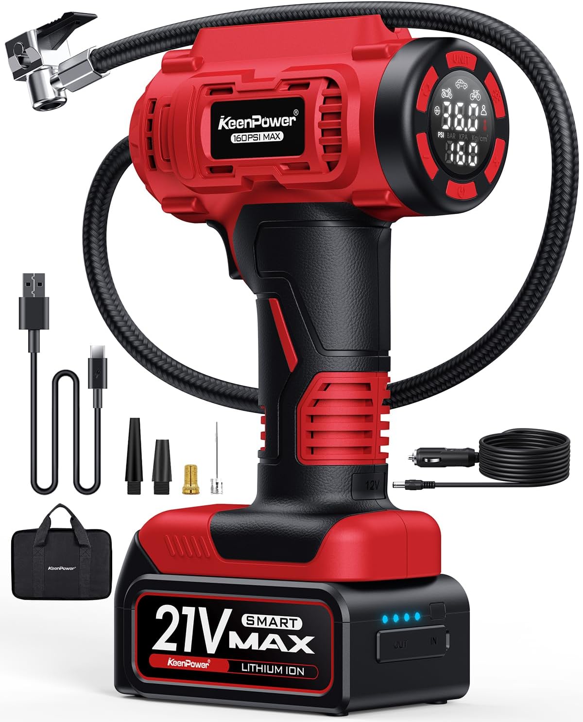 Inflador neumáticos inalámbrico 21V digital rojo