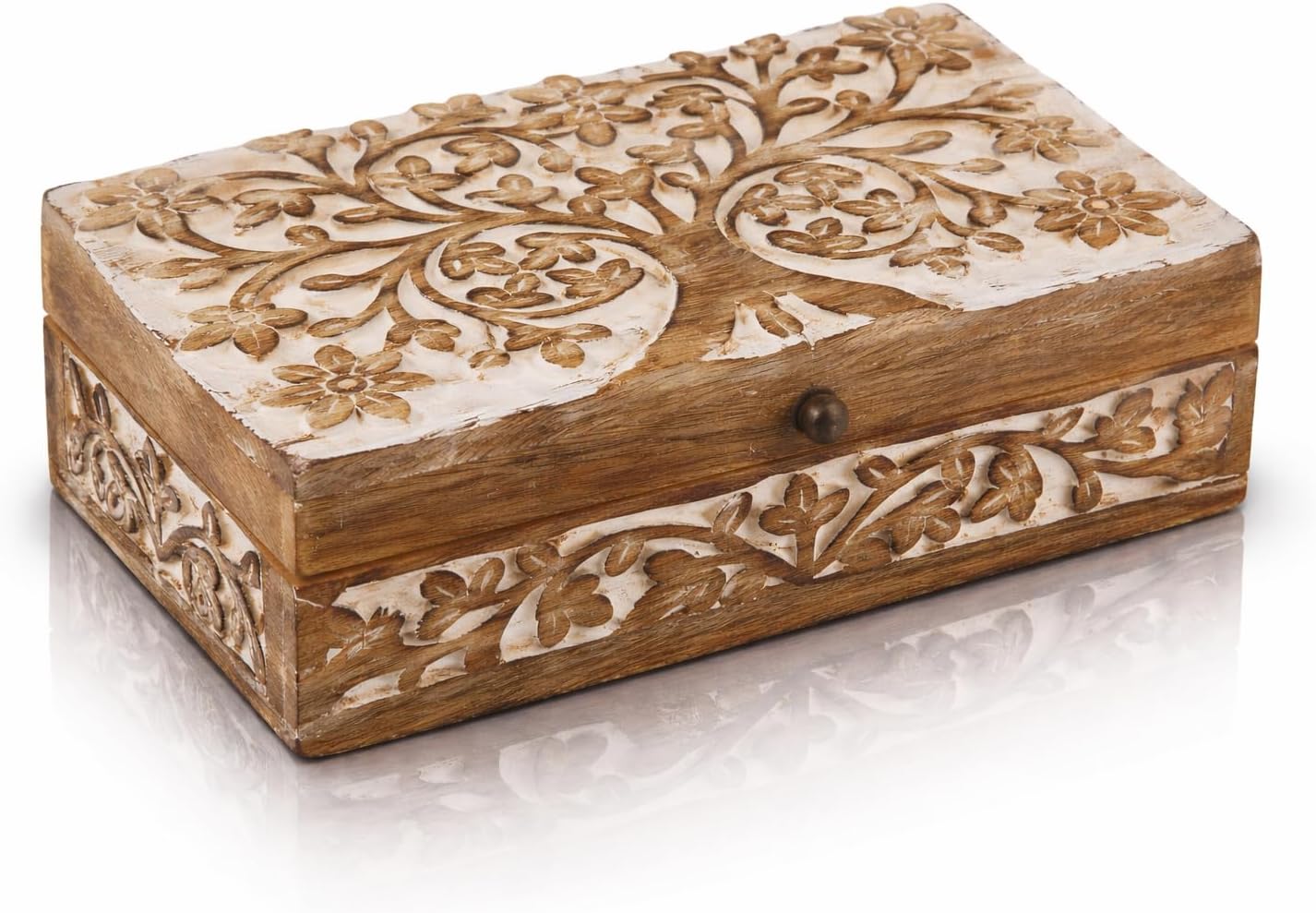 Caja joyas madera tallada árbol vida decorativa