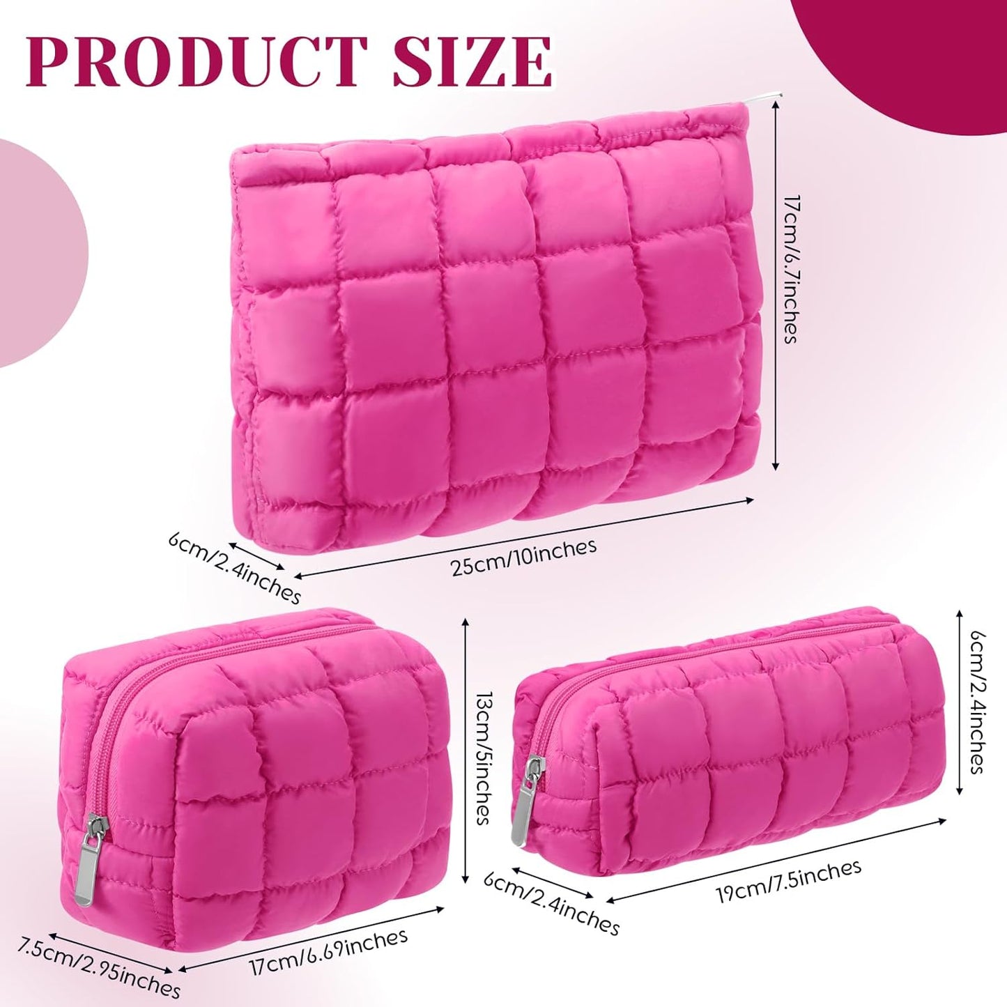 Bolsa maquillaje acolchada 3 pzas rosa intenso