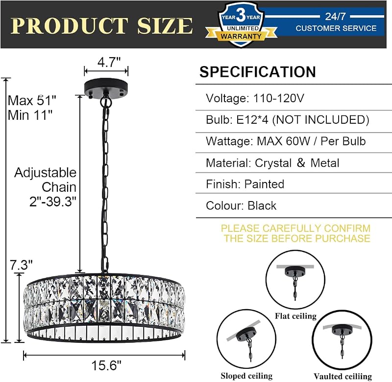 Candelabro cristal 4 luces negro para comedor y sala