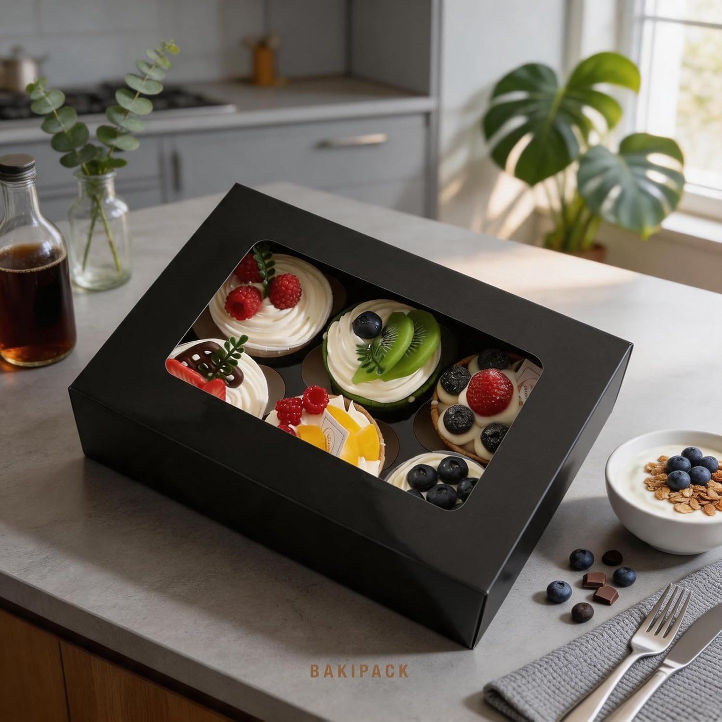 25 Cajas Negras Cupcakes con Ventana 6 Uds