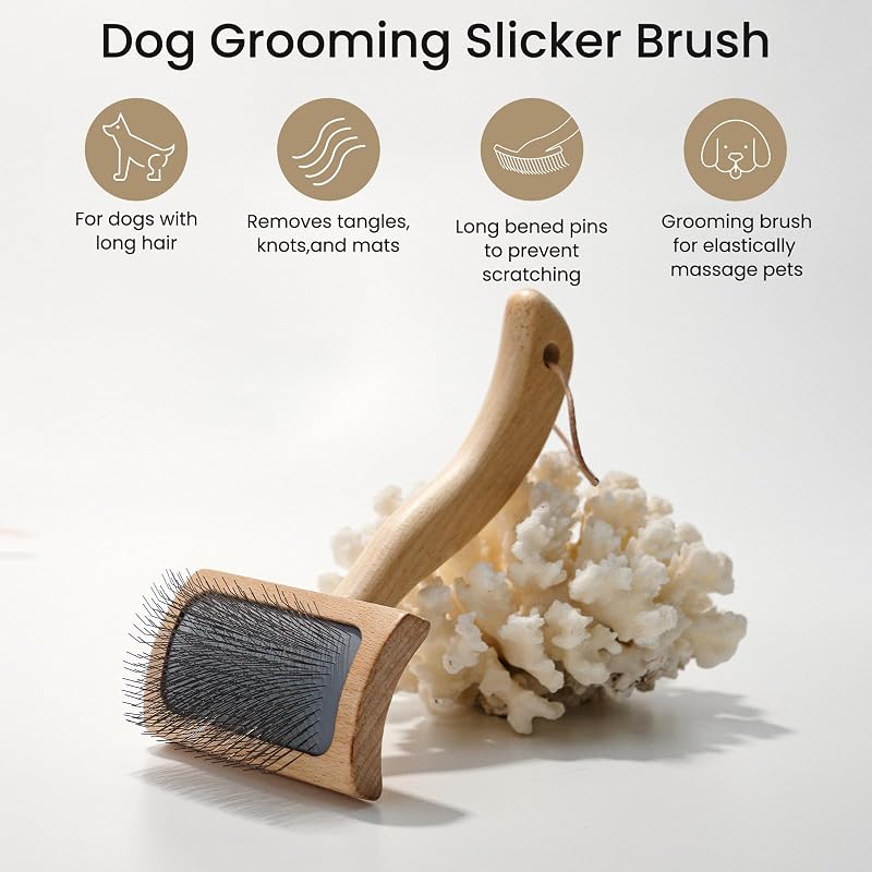 Cepillo deslizante perros pelo largo mango ergonómico madera