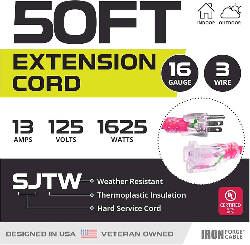 Cable extensión 50" 16/3 SJTW 13A 3 clavijas rosa neón