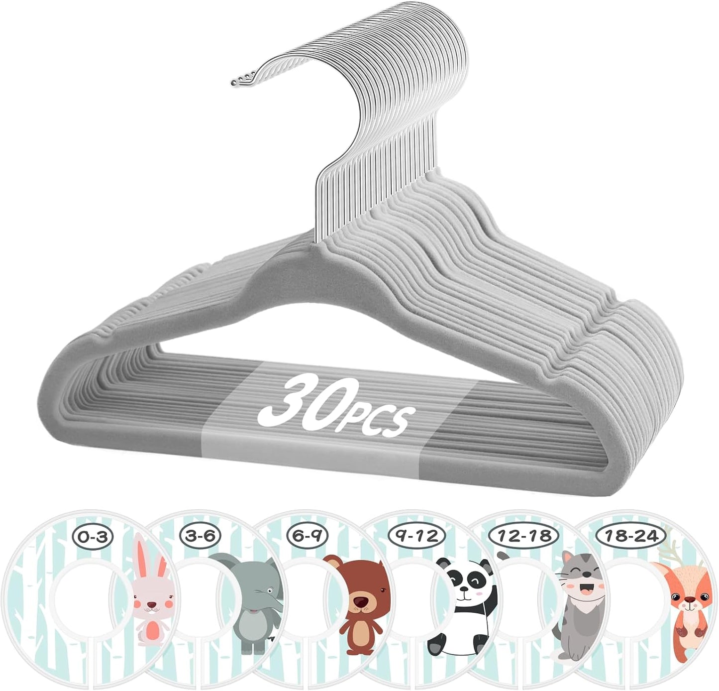 Perchas terciopelo 11pulg para bebé con 6 divisores gris 30uds
