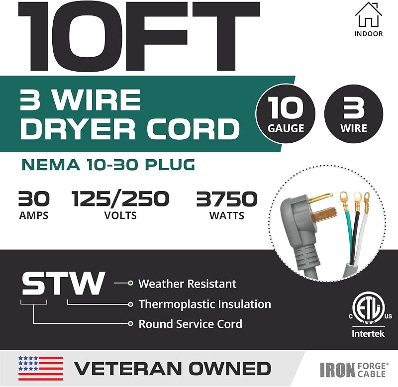 Cable extensión secadora 10/3 STW NEMA 10-30 30A gris