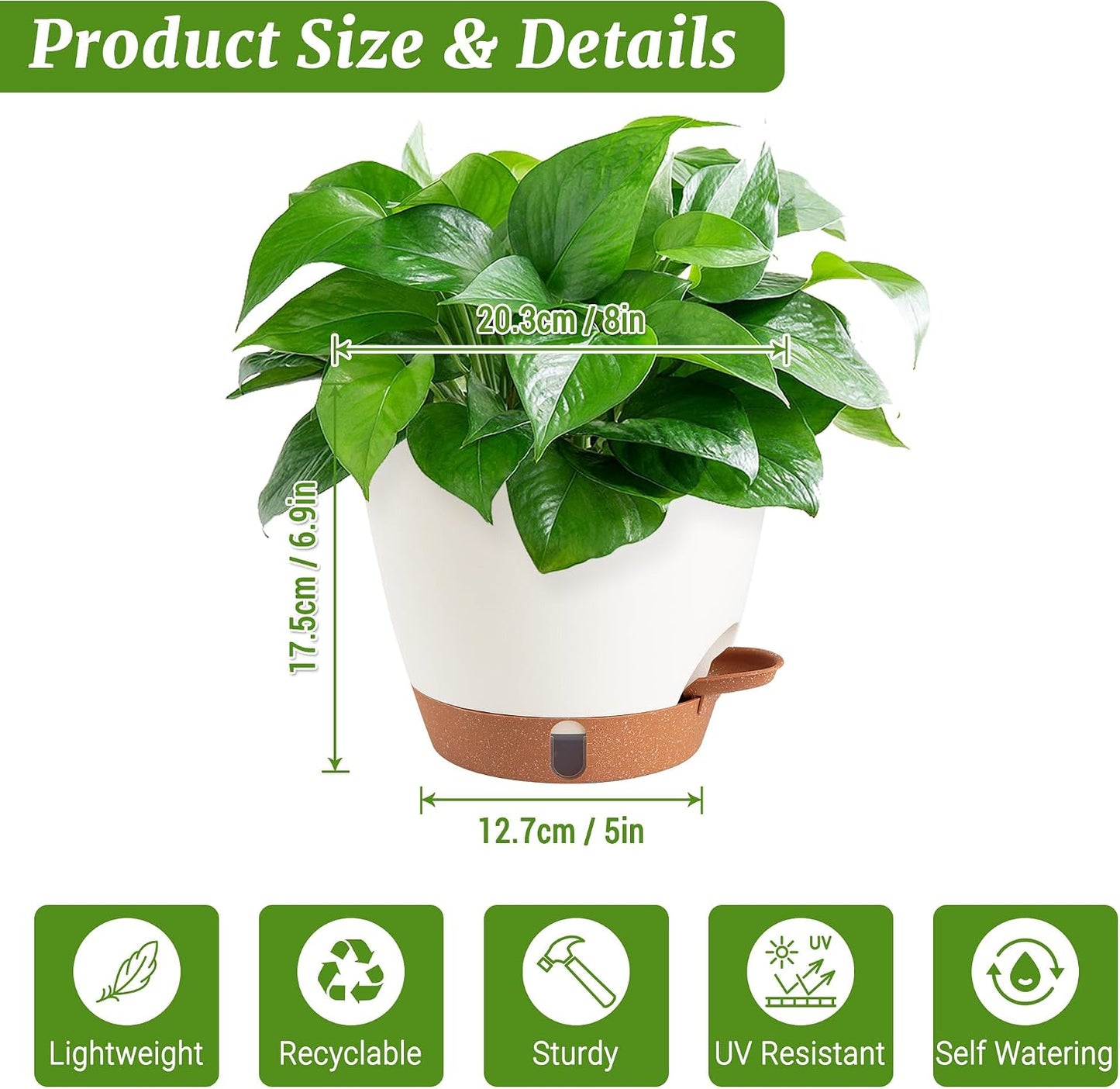 2 Macetas Plástico 8pulg Riego Automático Decorativas