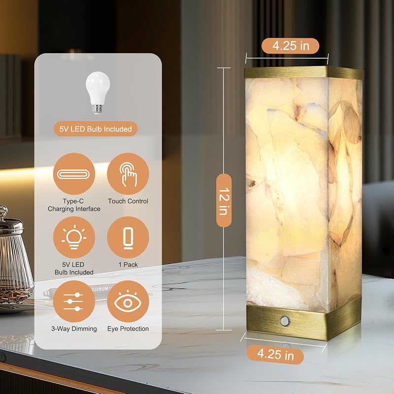 Lámpara de mesa LED recargable alabastro para dormitorio