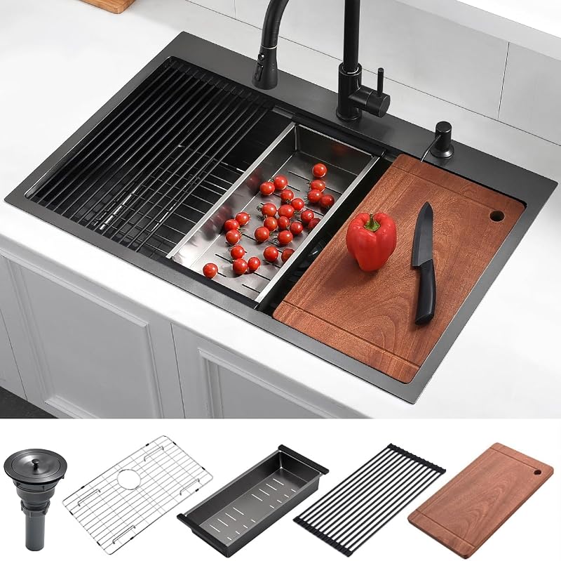Fregadero cocina negro acero inox 33x22pulg estación trabajo