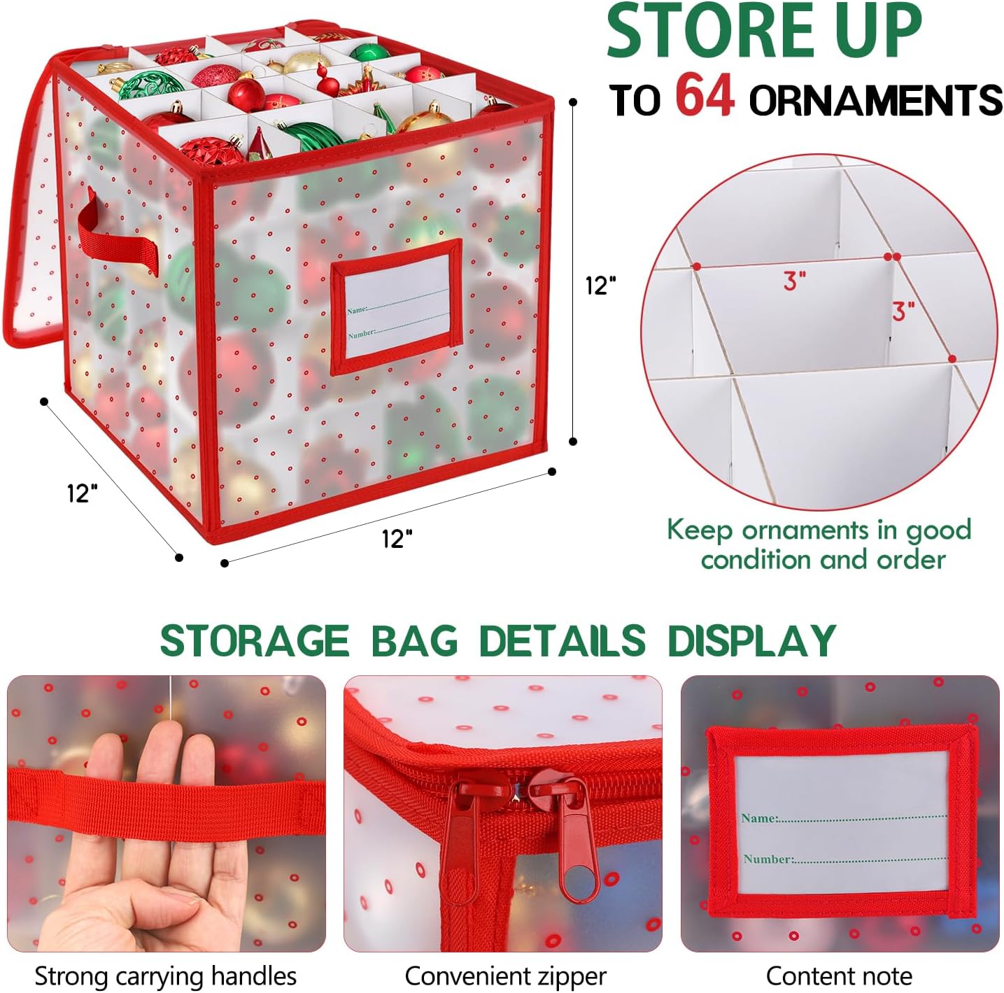 Caja almacenamiento adornos Navidad con divisores 3" rojo