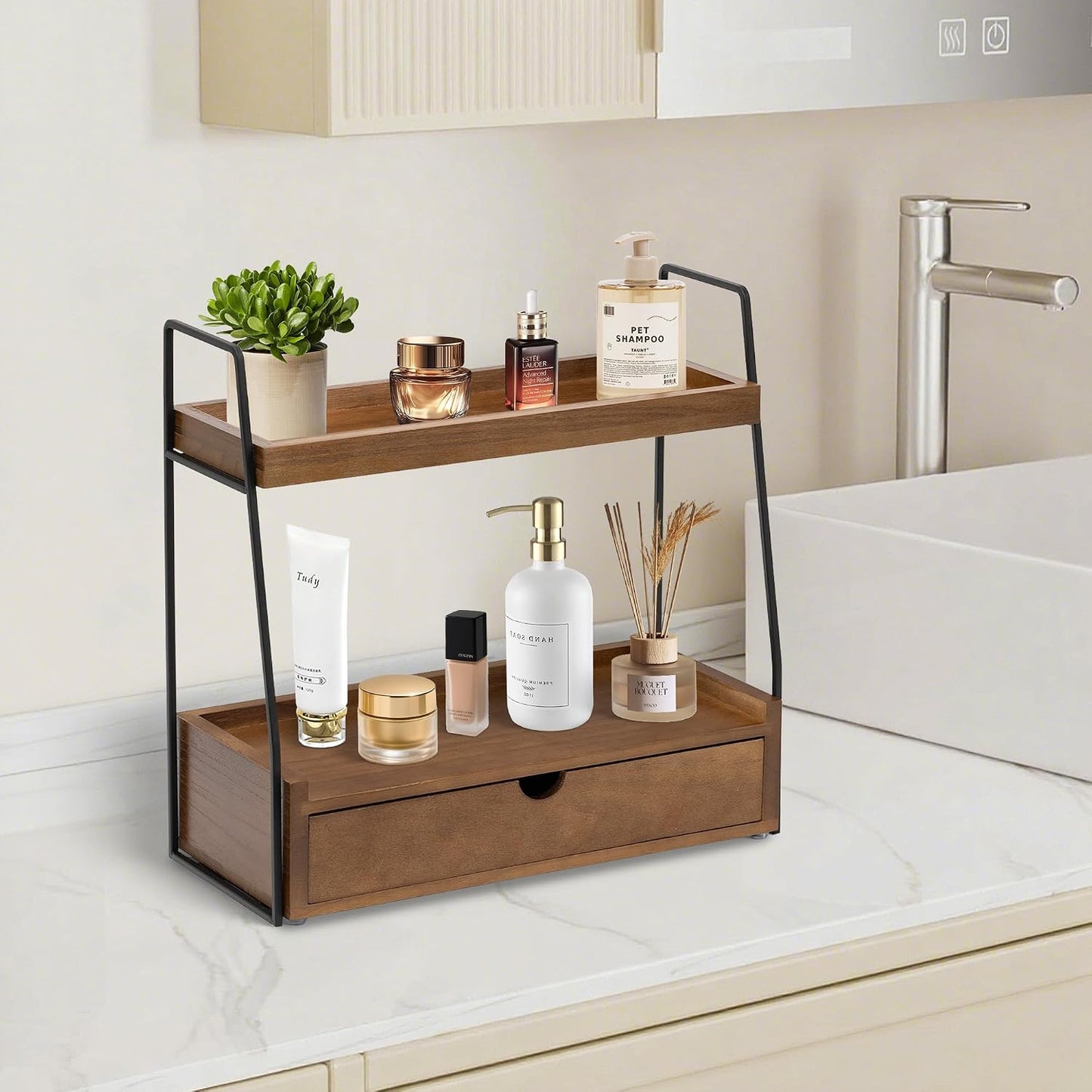 Organiz. baño 2 niveles con cajón madera estante fregadero