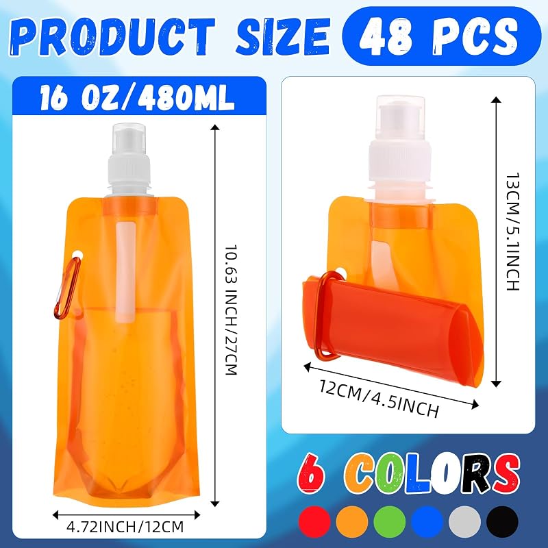 48 Botellas Agua Plegables 16oz Mosquetón Reutilizables
