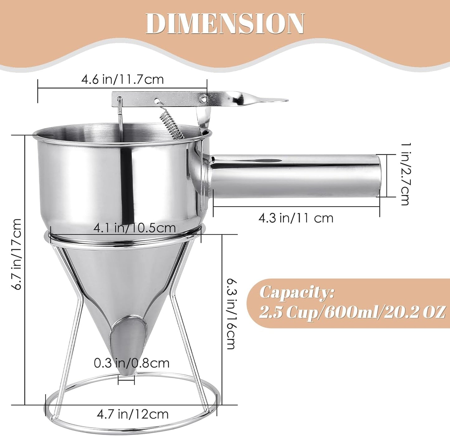 Dispensador masa panqueques acero inox 20oz embudo pistón