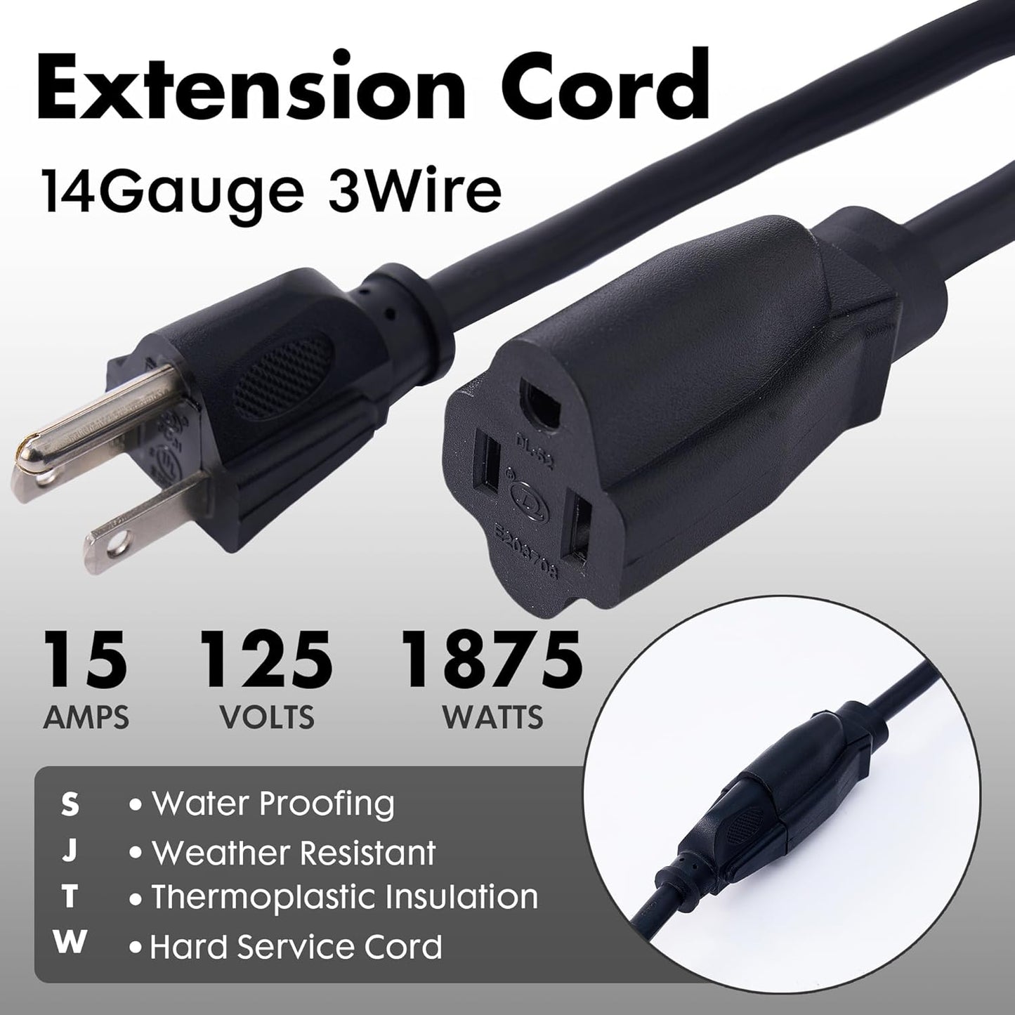 Cable extensión 1m negro resistente agua 14/3 SJTW 15A
