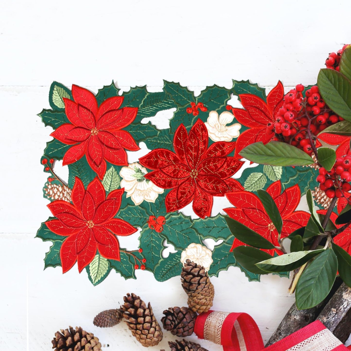 Camino mesa navidad 90pulg terciopelo rojo con conos pino