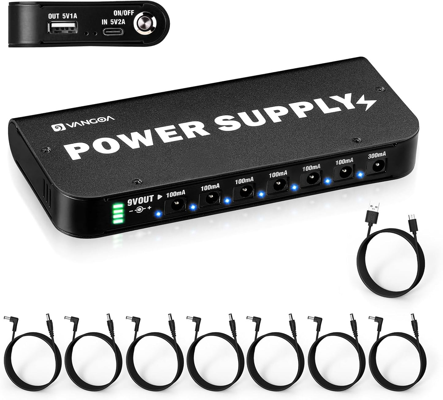 Fuente pedal guitarra recargable 4600 mAh 7 salidas CC 9 V USB 5 V negro