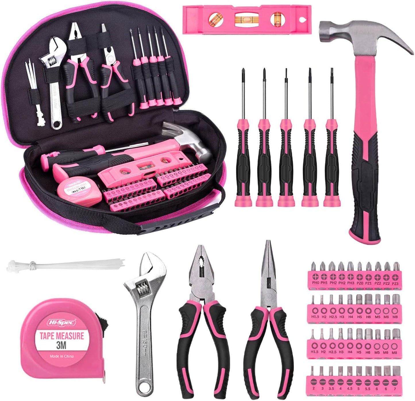 Set 63 Pzas Herramientas Rosa para Hogar y Oficina