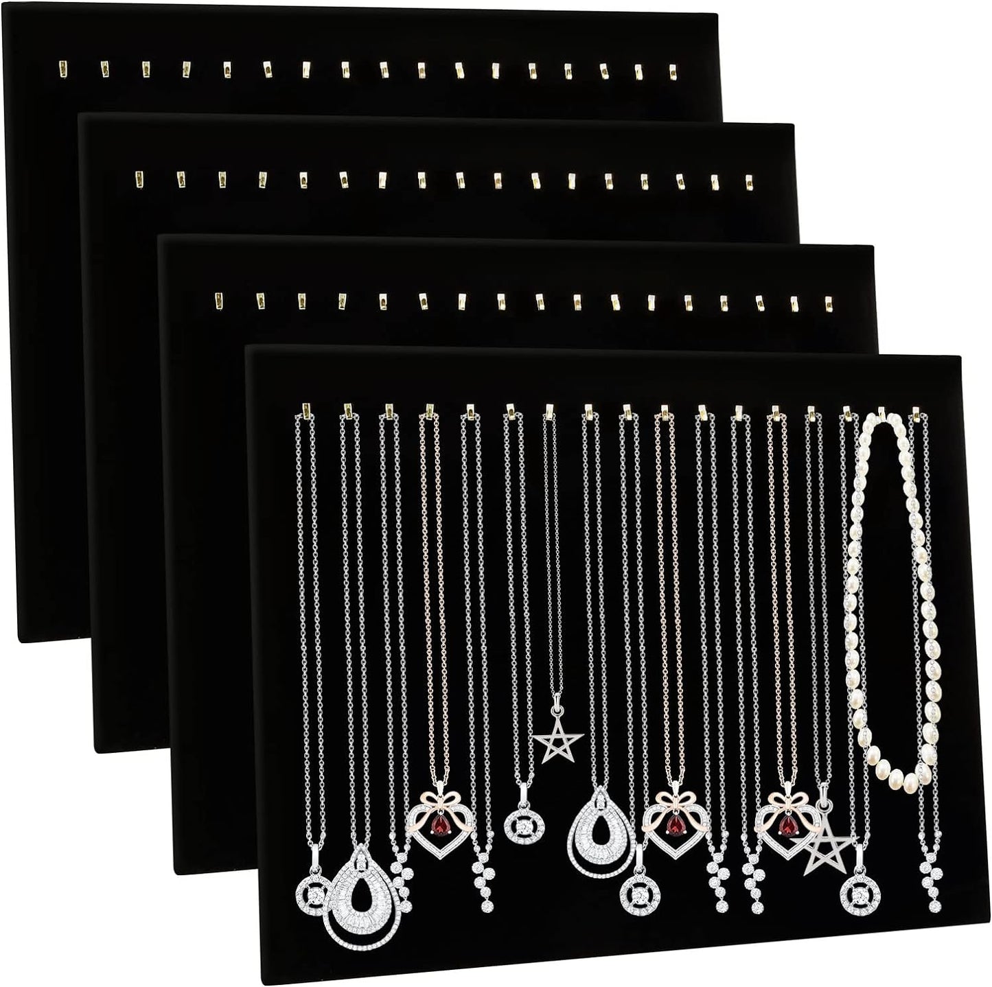 4 Soportes terciopelo negro para collares con 17 ganchos