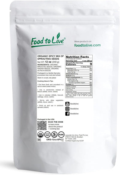 Mezcla germinantes orgánica picante 12oz brócoli rábano alfalfa