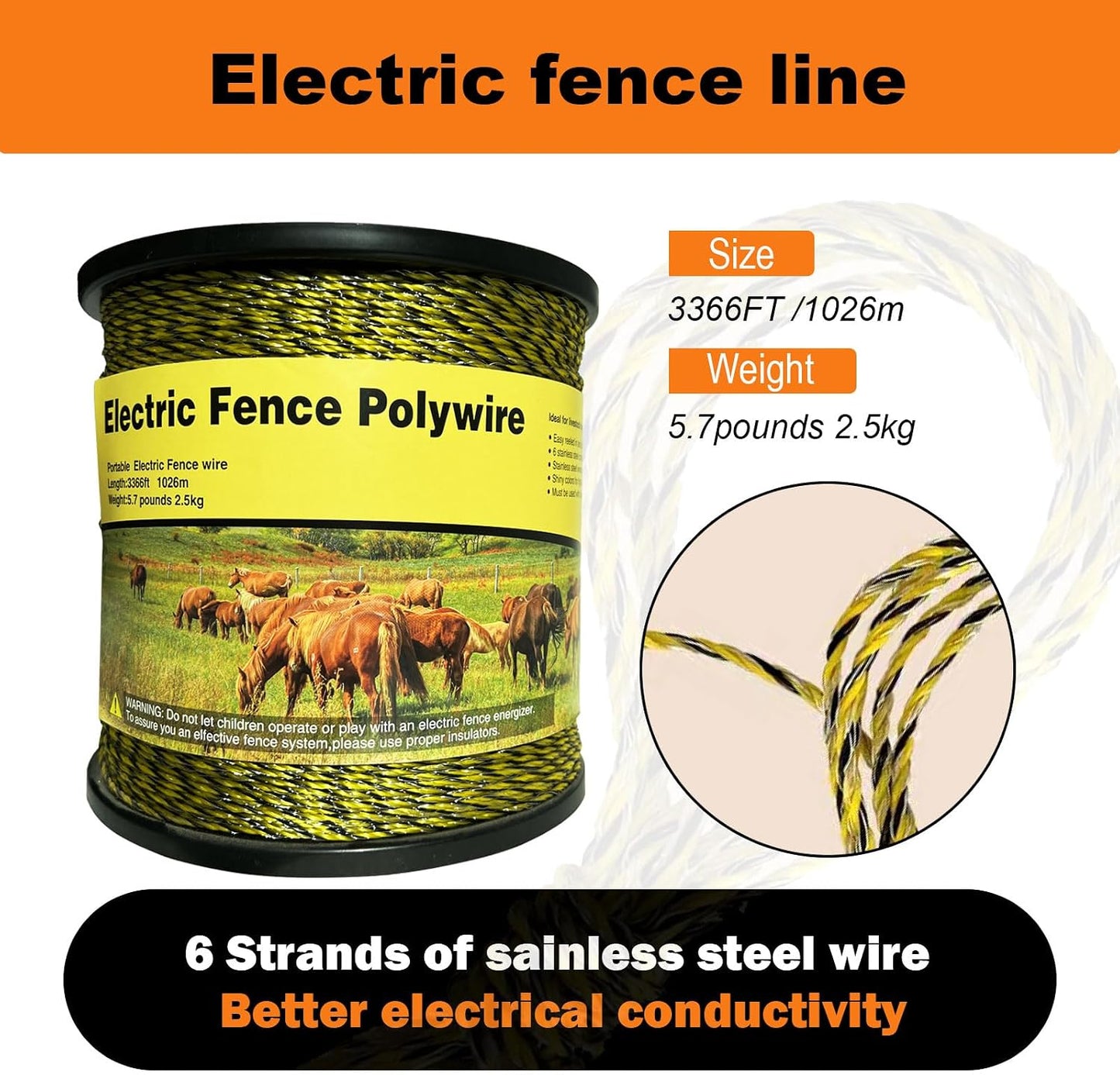Valla eléctrica alambre polietileno 1/8" 6 hebras acero inox