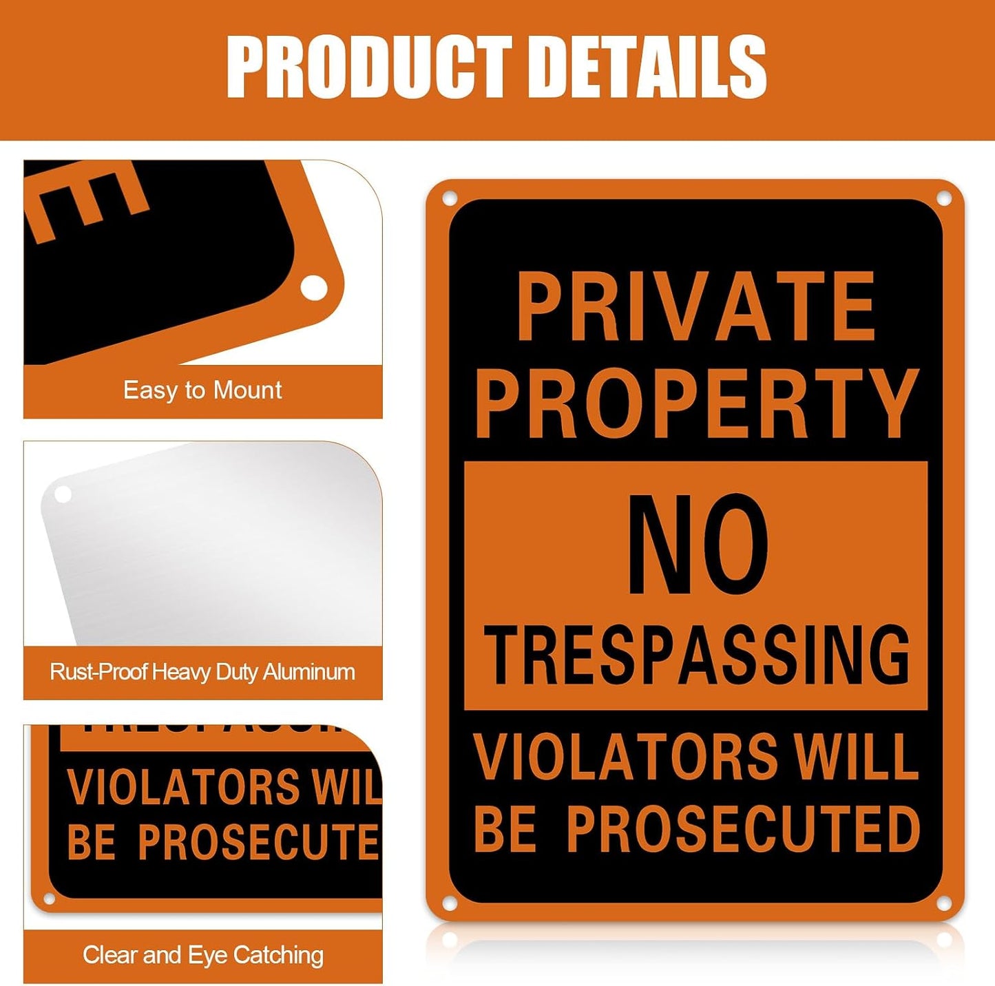 8 Letreros Aluminio Propiedad Privada 7x10" Naranja