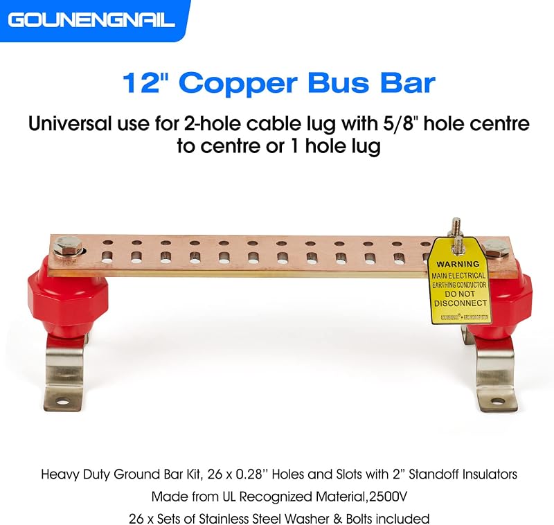 Barra colectora cobre 12" kit tierra 26x0.28" UL 2500V