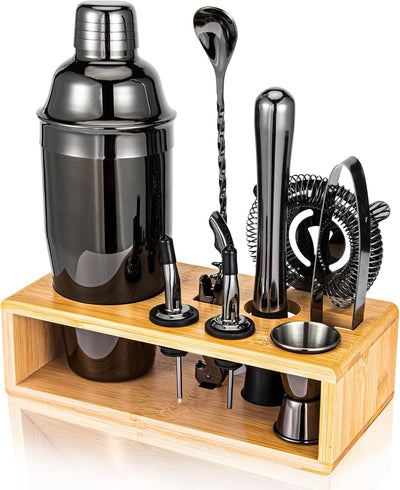 Juego coctelera acero inox 10 pzas soporte bambú