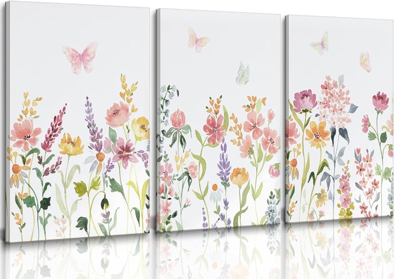 3 Pzas Acuarelas Lienzo Flores Colorido Pared Rosa Amarillo