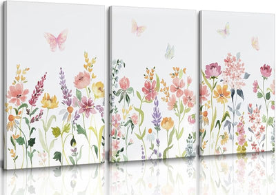 3 Pzas Acuarelas Lienzo Flores Colorido Pared Rosa Amarillo