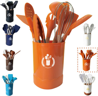 Juego utensilios silicona naranja con mango madera y soporte