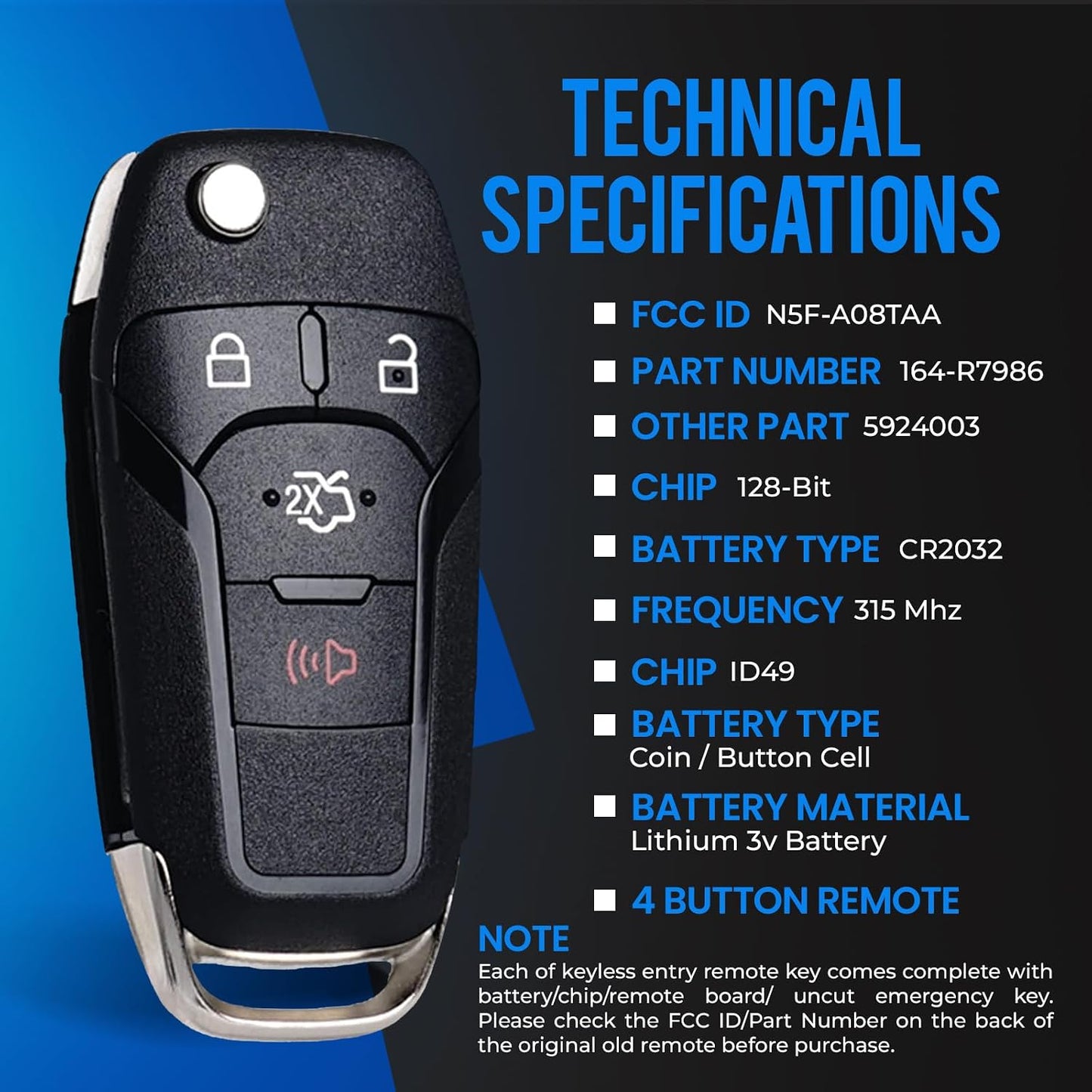 Llavero cambio comp Ford FusionControl 315Mhz 4 botones