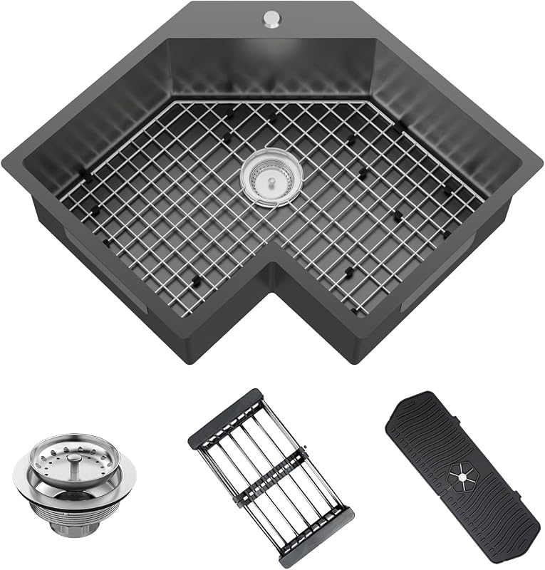 Fregadero cocina esquina 25pulg acero inox con rejilla