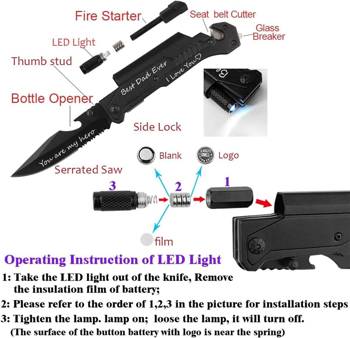 Navaja bolsillo 6 funciones luz LED abridor botellas