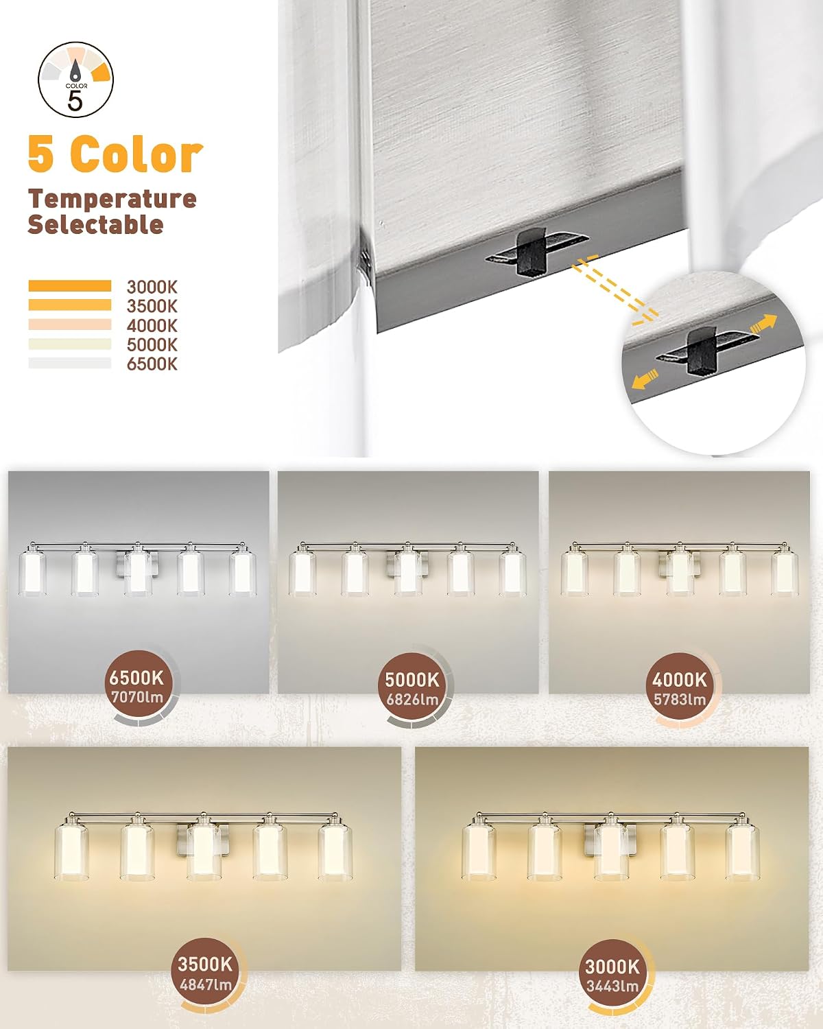 Lámpara baño 5 luces LED níquel cepillado 30W