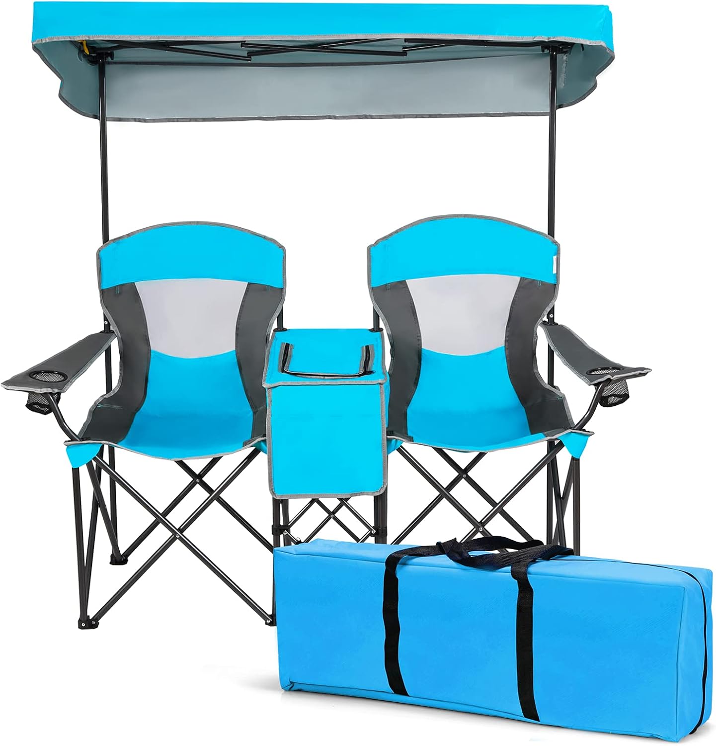 Silla doble plegable con toldo mesa bebidas jardín