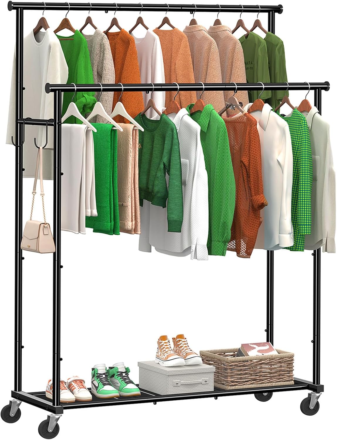 Perchero doble con ruedas 45" para ropa resistente negro