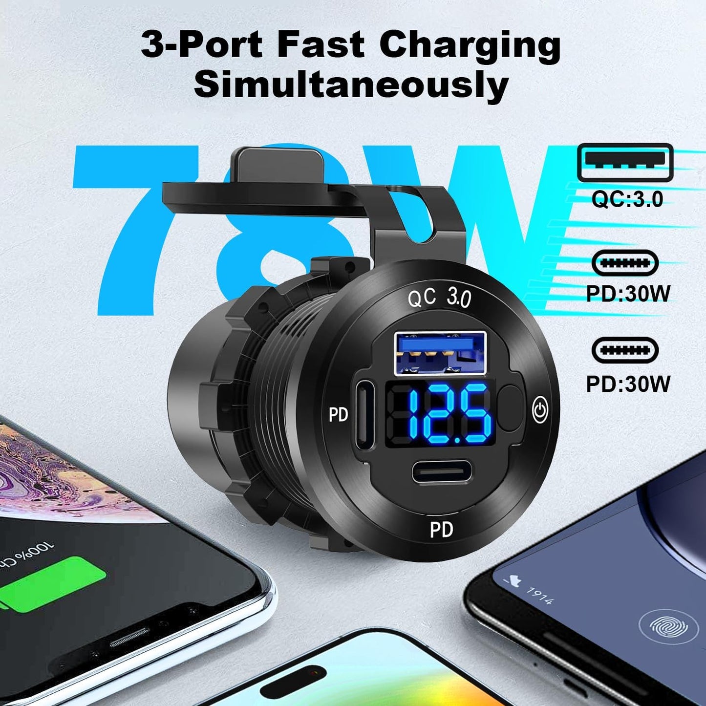 Toma corriente USB 12V 3 puertos PD3.0 QC3.0 coche