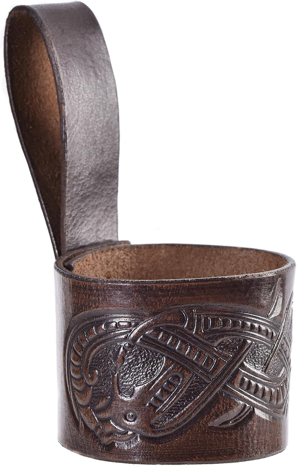 Funda cuerno beber cuero real dragón relieve estilo medieval