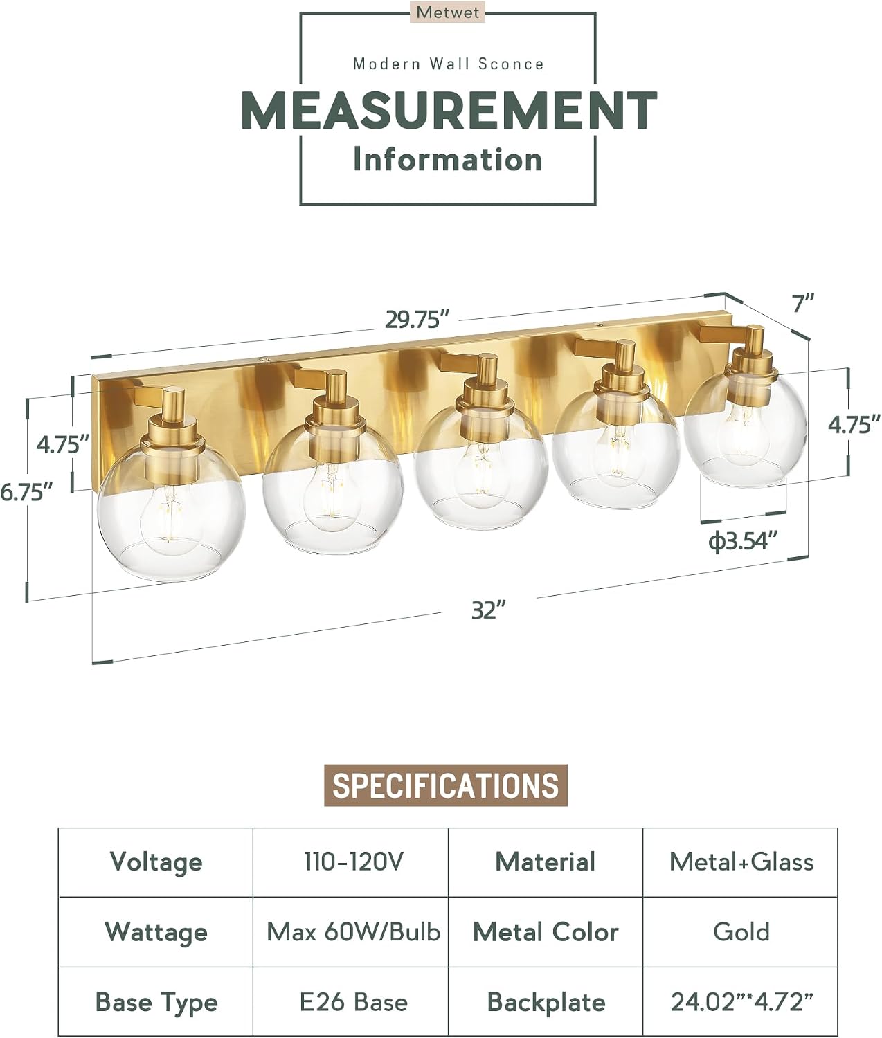 Apliques baño 5 luces oro cepillado 32pulg vidrio