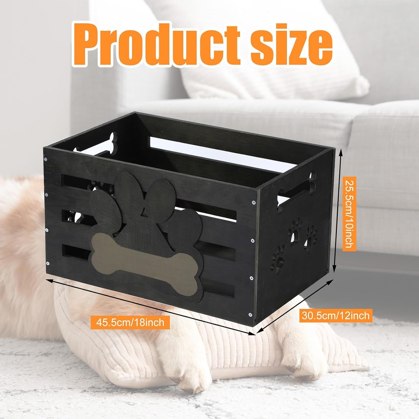 Cesta de juguetes para perros con asas y diseño de etiqueta