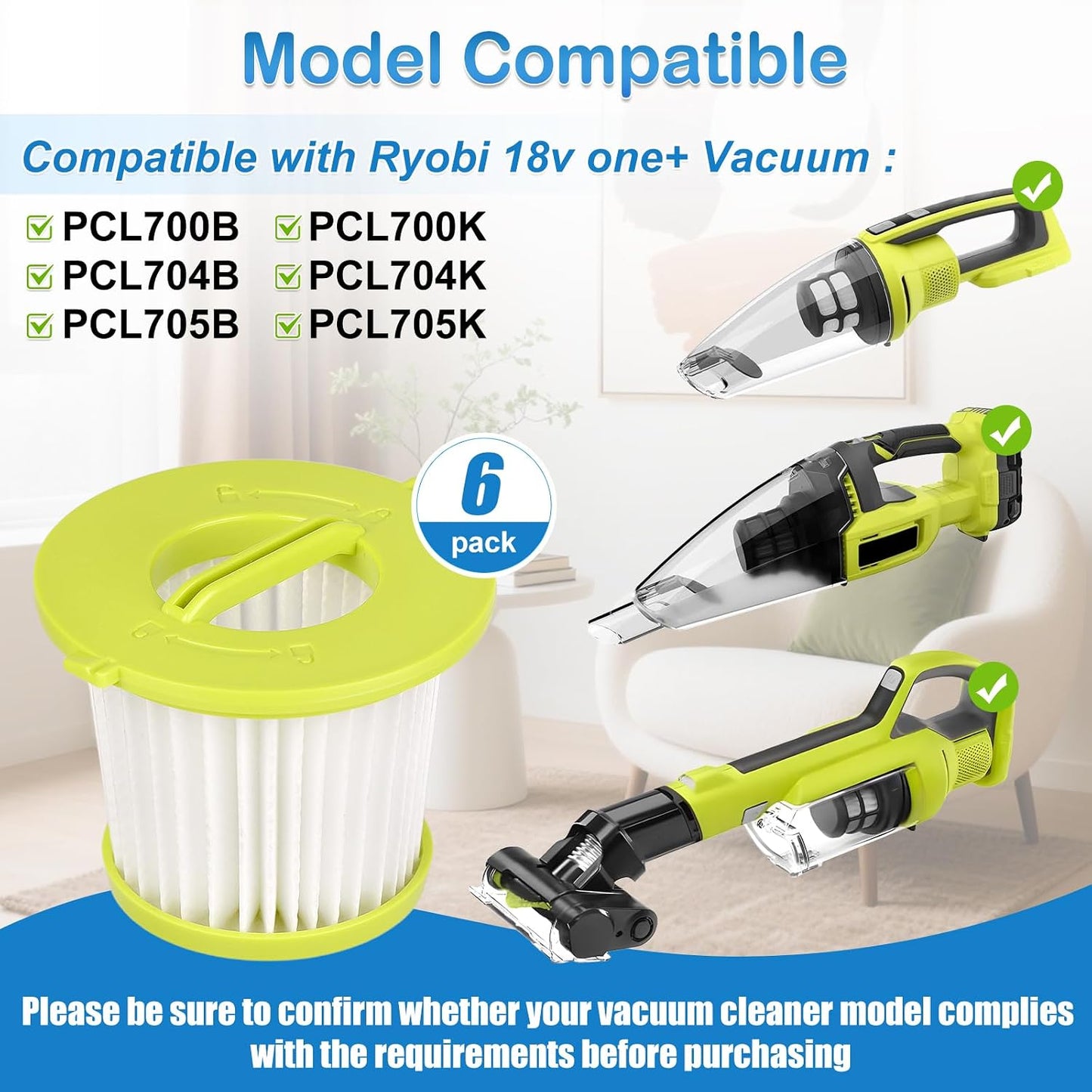6 Filtros comp Ryobi 18v One PCL700 PCL704 PCL705