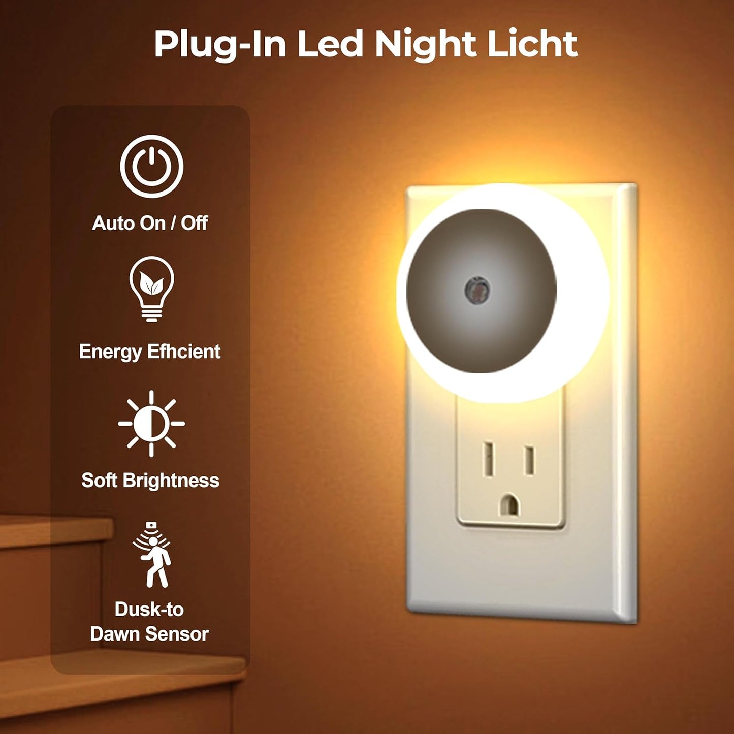 Luz Nocturna LED Sensor Automático Pared Pack 4 Blanco Cálido