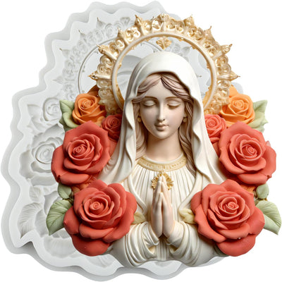 Molde de silicona Virgen Maria religiosa con flores de rosa para fondant y decoración