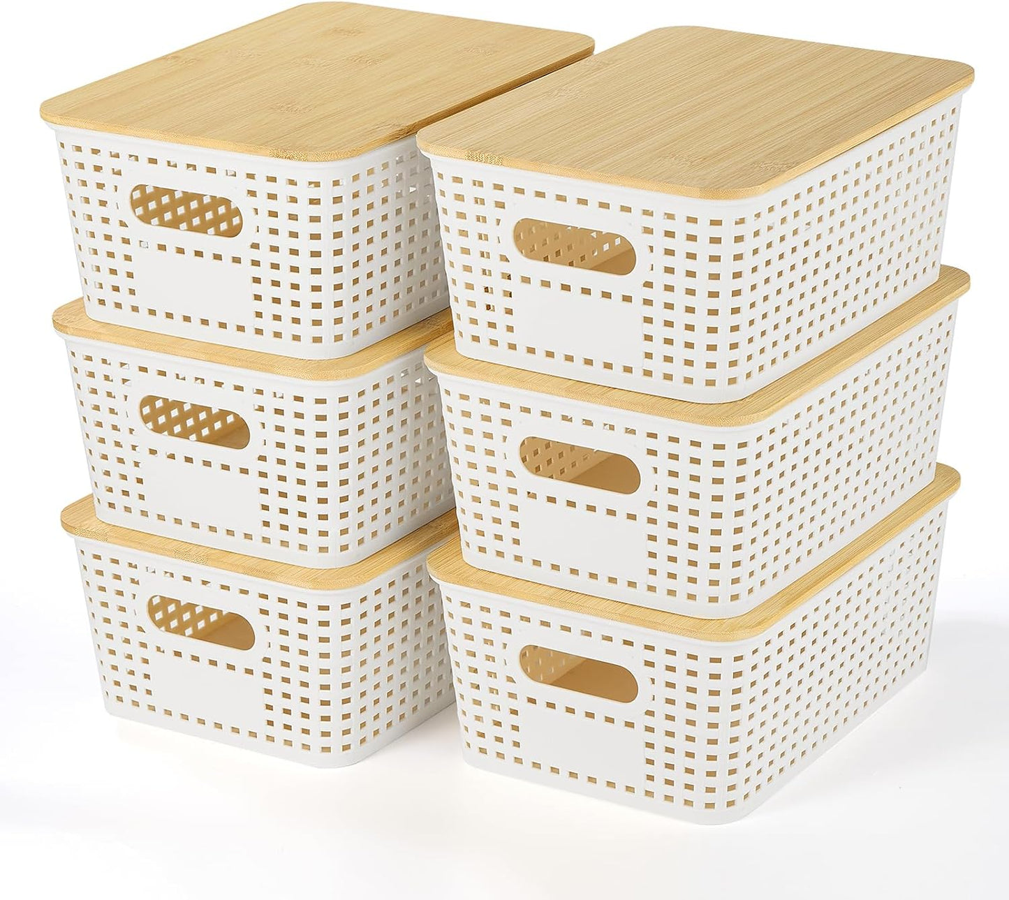 Cestas plástico con tapa bambú apilables para organizar